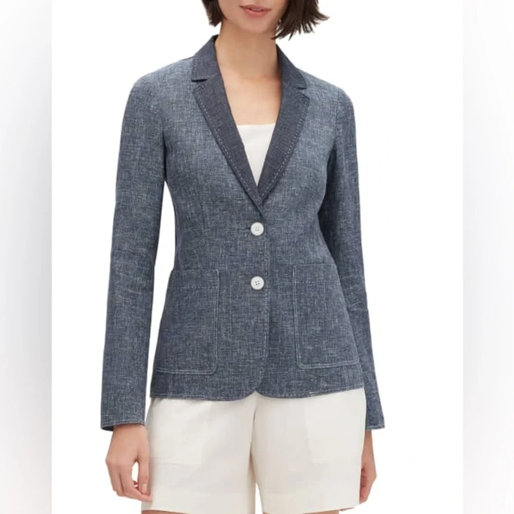 Lafayette 148 Vangie Sublime Space-Dye Jacket Linen Cotton Denim Blue Blazer, 8